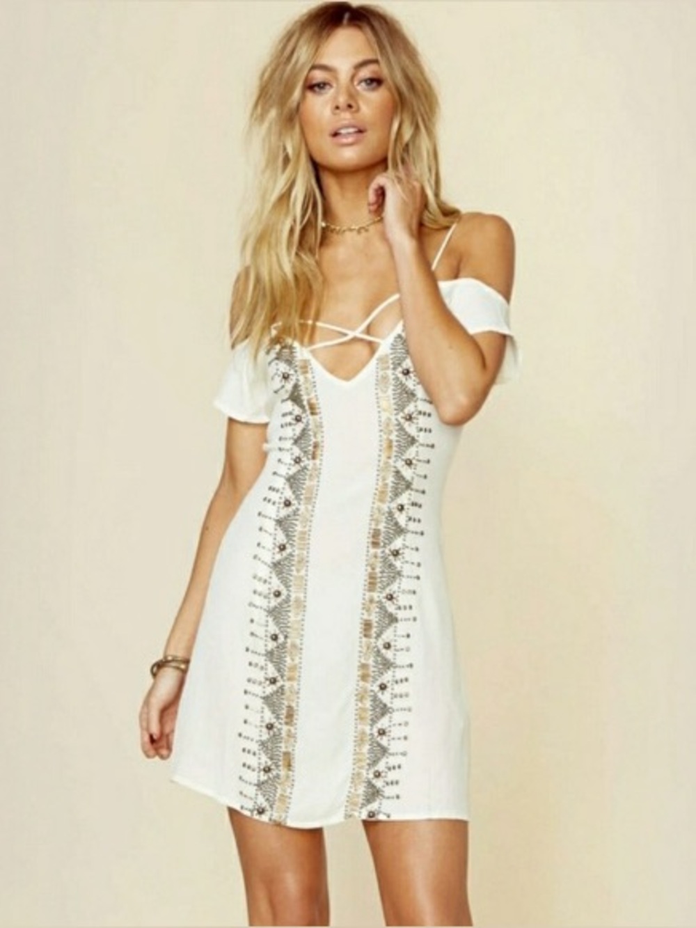 Cleobella Nora White Cold-Shoulder beaded Embroidered Mini Dress